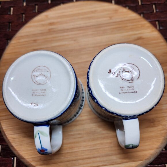 Polish Pottery Coffee Cups/Mugs Blue Daisy Hand Made Set of 2 New - Picture 4 of 6